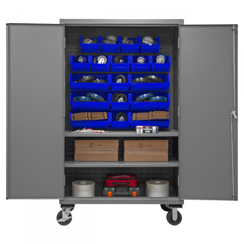 Durham Mobile Cabinet, 16 Gauge, 48 x 24 x 81, 2 Adjustable Shelves, 18 Blue Bins, Flush Doors