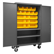 Durham Mobile Cabinet, 16 Gauge, 48 x 24 x 81, 2 Adjustable Shelves, 18 Yellow Bins, Flush Doors