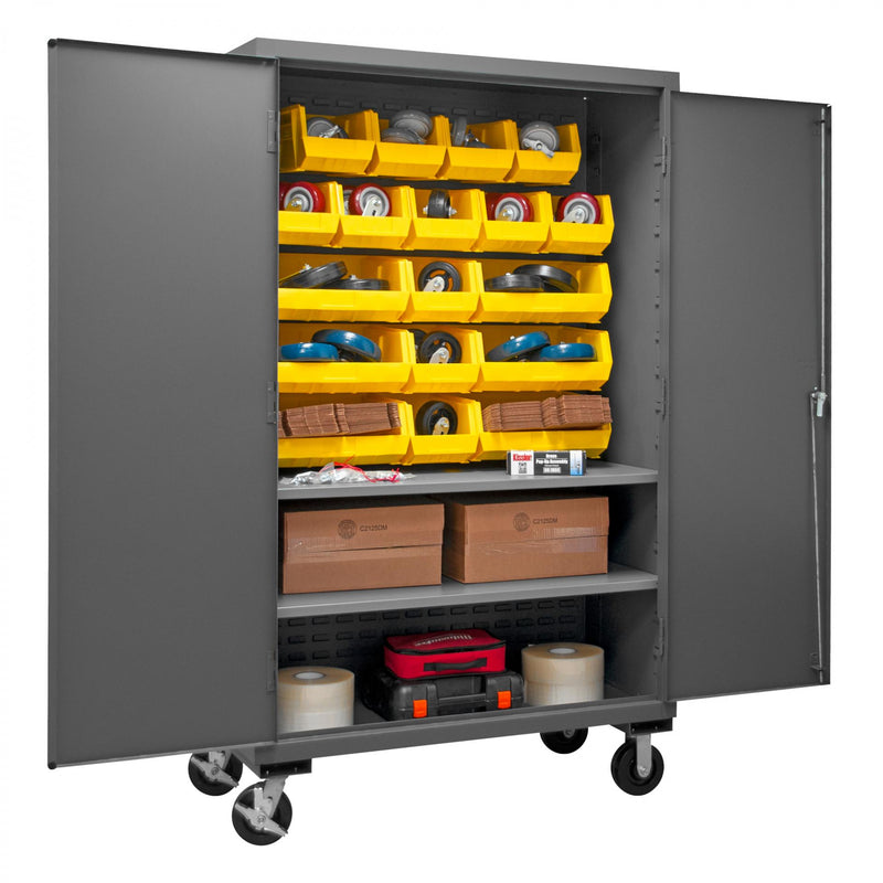 Durham Mobile Cabinet, 16 Gauge, 48 x 24 x 81, 2 Adjustable Shelves, 18 Yellow Bins, Flush Doors