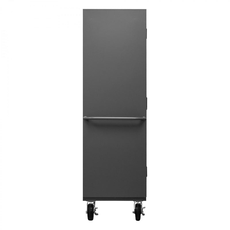 Durham Mobile Cabinet, 16 Gauge, 48 x 24 x 81, 2 Adjustable Shelves, 18 Yellow Bins, Flush Doors