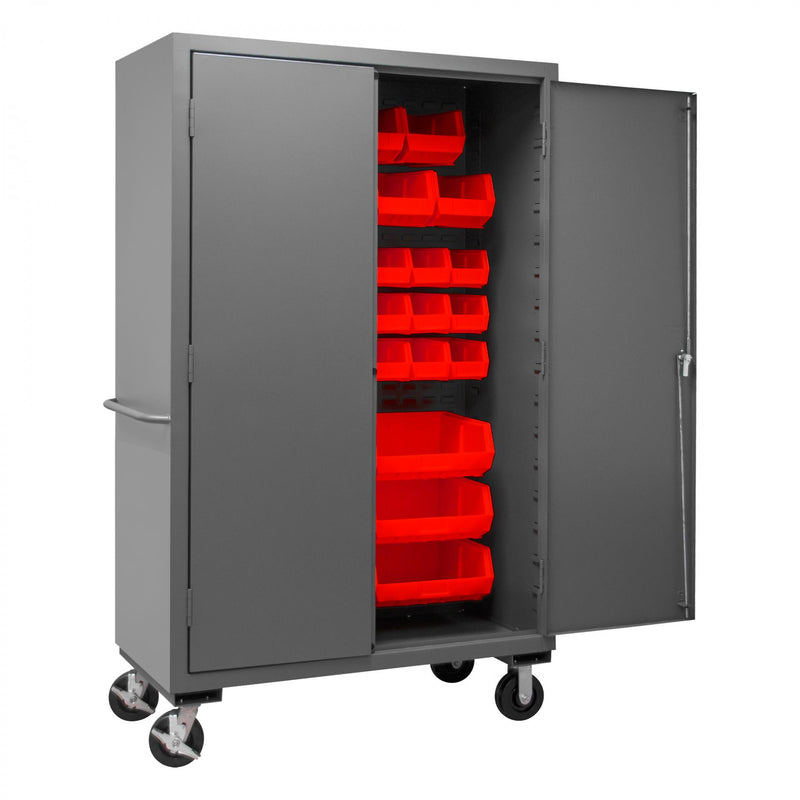 Durham Mobile Cabinet, 16 Gauge, 48 x 24 x 81, 42 Red Bins, Flush Doors