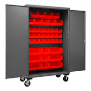 Durham Mobile Cabinet, 16 Gauge, 48 x 24 x 81, 42 Red Bins, Flush Doors