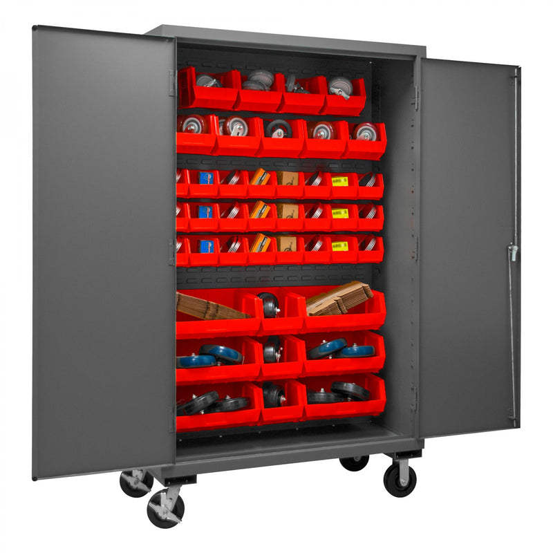 Durham Mobile Cabinet, 16 Gauge, 48 x 24 x 81, 42 Red Bins, Flush Doors