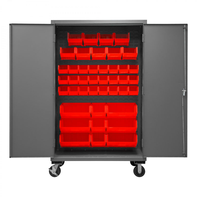 Durham Mobile Cabinet, 16 Gauge, 48 x 24 x 81, 42 Red Bins, Flush Doors
