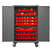 Durham Mobile Cabinet, 16 Gauge, 48 x 24 x 81, 42 Red Bins, Flush Doors