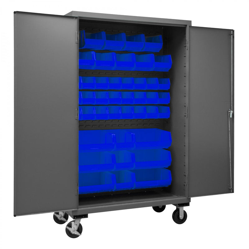 Durham Mobile Cabinet, 16 Gauge, 48 x 24 x 81, 42 Blue Bins, Flush Doors