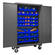 Durham Mobile Cabinet, 16 Gauge, 48 x 24 x 81, 42 Blue Bins, Flush Doors