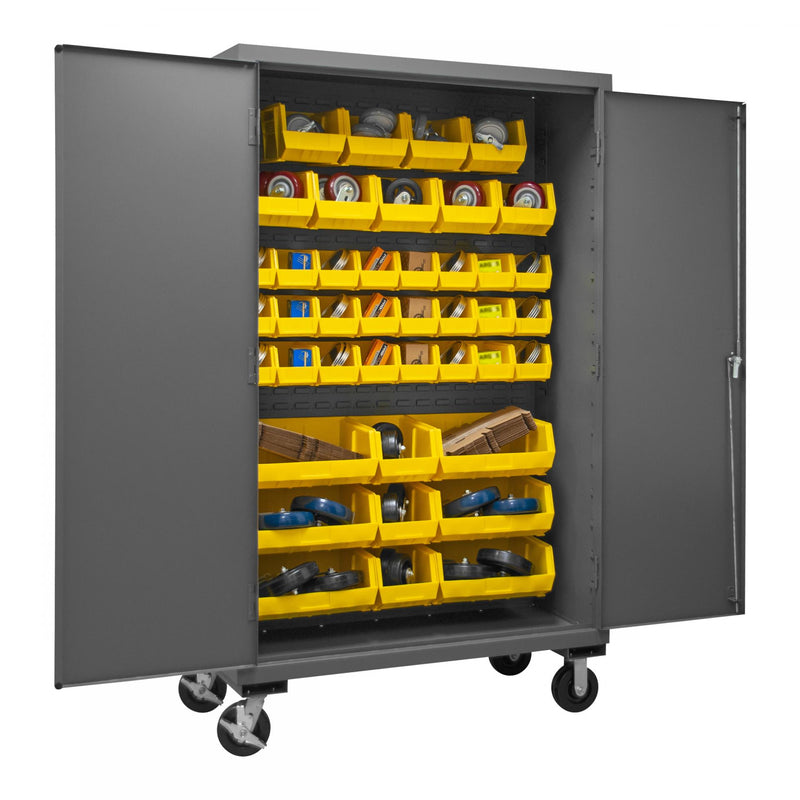 Durham Mobile Cabinet, 16 Gauge, 48 x 24 x 81, 42 Yellow Bins, Flush Doors