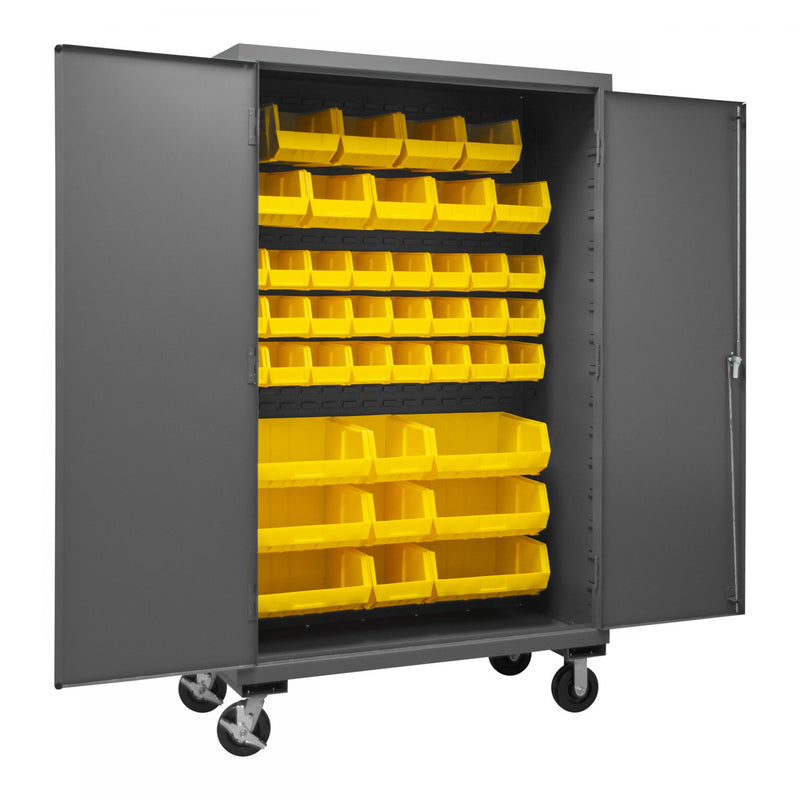 Durham Mobile Cabinet, 16 Gauge, 48 x 24 x 81, 42 Yellow Bins, Flush Doors