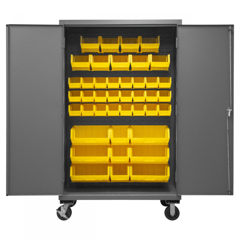 Durham Mobile Cabinet, 16 Gauge, 48 x 24 x 81, 42 Yellow Bins, Flush Doors