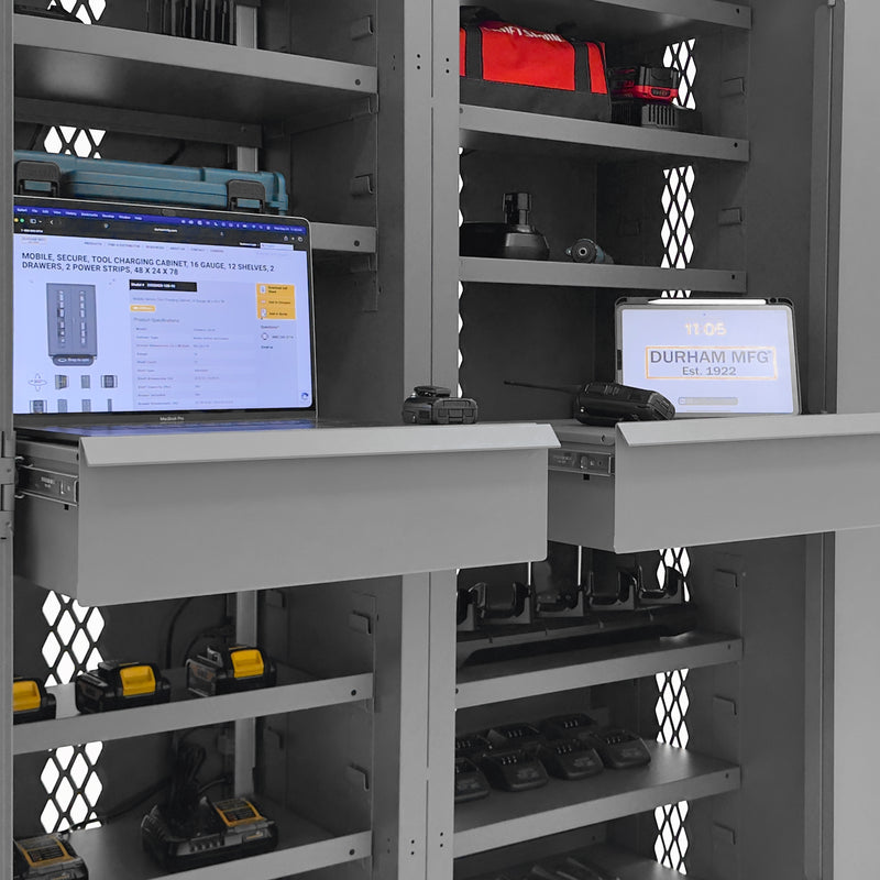 Durham Mobile, Secure, Tool Charging Cabinet, 16 Gauge, 12 Shelves, 2 Drawers, 2 Power Strips