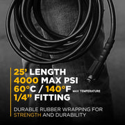 25' 4000PSI 1/4" Rubber Hose BE Power Equipment