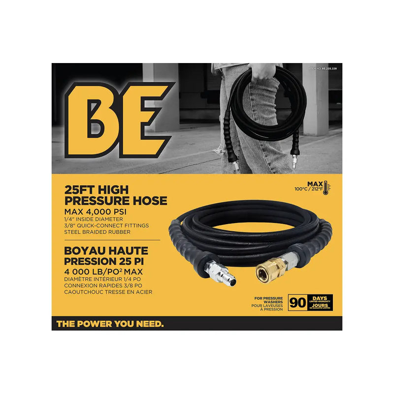 25' x 1/4" 4000 PSI Steel Braid Pressure Washer Hose with Quick Connect Fittings BE Power Equipment
