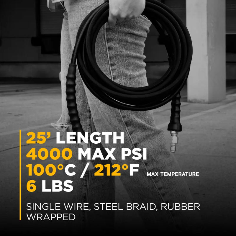 25' x 1/4" 4000 PSI Steel Braid Pressure Washer Hose with Quick Connect Fittings BE Power Equipment