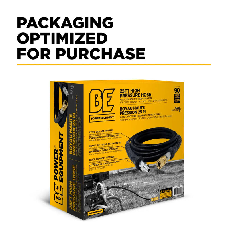 25' x 1/4" 4000 PSI Steel Braid Pressure Washer Hose with Quick Connect Fittings BE Power Equipment