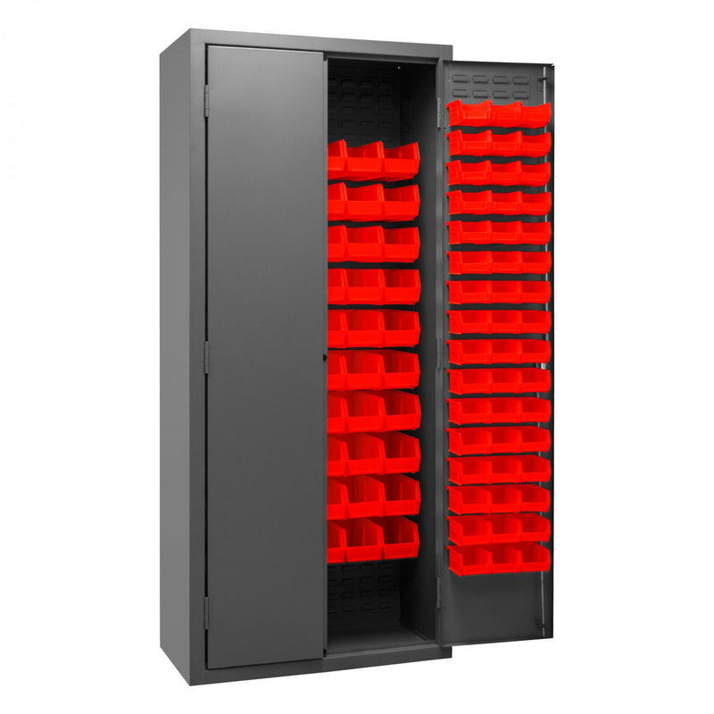 Durham Cabinet, 16 Gauge, 36 x 18 x 84, 156 Red Bins, Flush Doors with Louvered Panel, Lockable