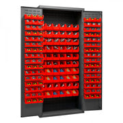 Durham Cabinet, 16 Gauge, 36 x 18 x 84, 156 Red Bins, Flush Doors with Louvered Panel, Lockable
