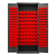 Durham Cabinet, 16 Gauge, 36 x 18 x 84, 156 Red Bins, Flush Doors with Louvered Panel, Lockable