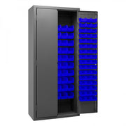 Durham Cabinet, 16 Gauge, 36 x 18 x 84, 156 Blue Bins, Flush Doors with Louvered Panel, Lockable