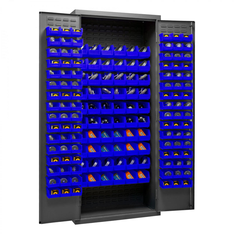 Durham Cabinet, 16 Gauge, 36 x 18 x 84, 156 Blue Bins, Flush Doors with Louvered Panel, Lockable