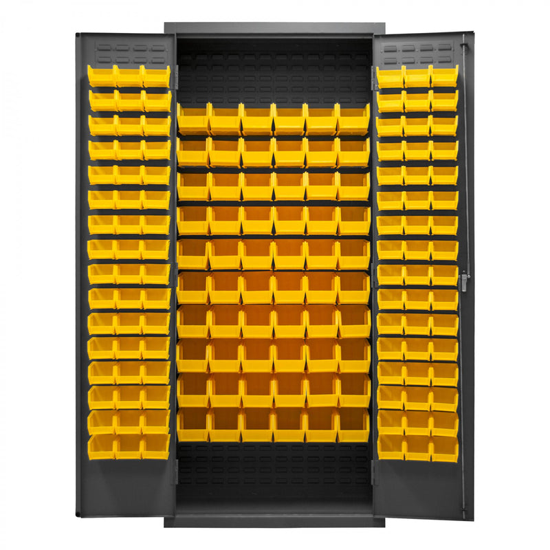 Durham Cabinet, 16 Gauge, 36 x 18 x 84, 156 Yellow Bins, Flush Doors with Louvered Panel, Lockable