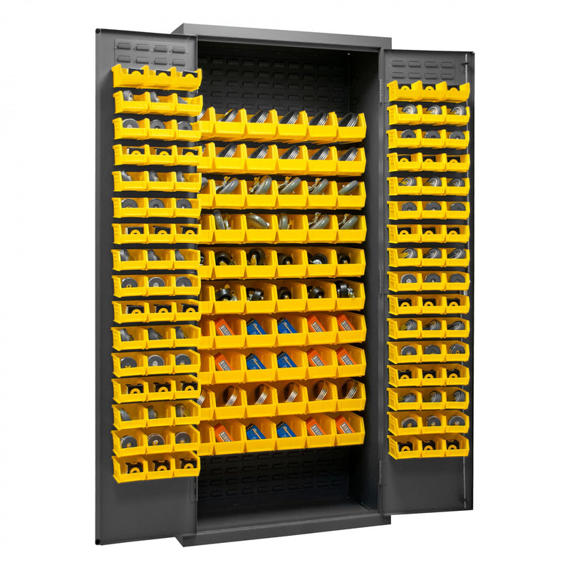 Durham Cabinet, 16 Gauge, 36 x 18 x 84, 156 Yellow Bins, Flush Doors with Louvered Panel, Lockable