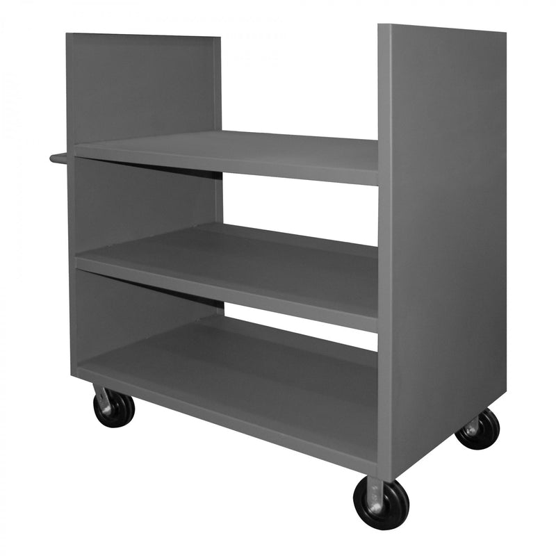 Durham 2 Sided Solid Stock Truck With 6" X 2" Phenolic Casters, (2) Rigid And (2) Swivel, 3 Shelves, Gray