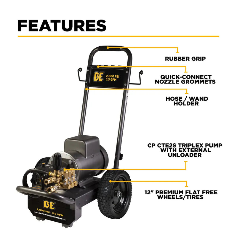 2,000 PSI 3.5 GPM 5.0 HP Electric Pressure Washer with Baldor Motor and Centurion Triplex Pump - B205EA BE Power Equipment