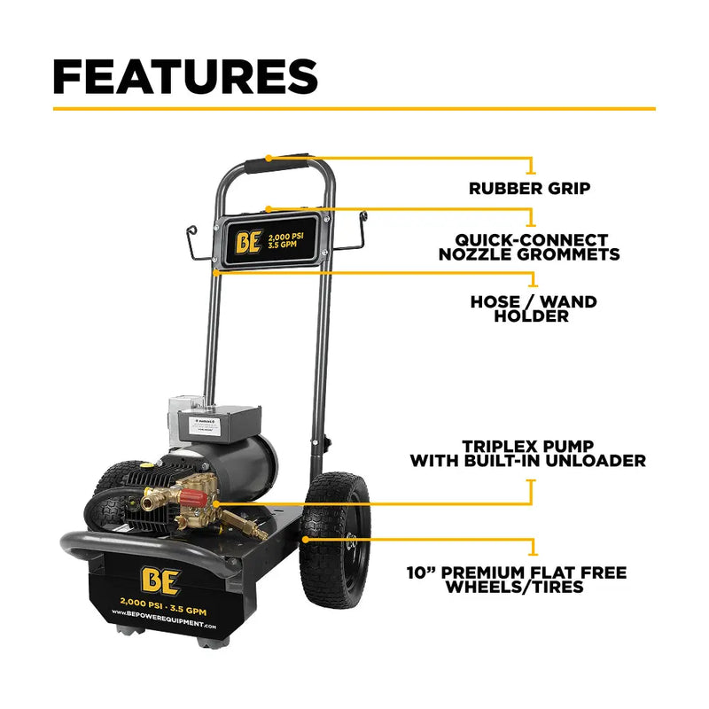 2,000 PSI 3.5 GPM 5.0 HP Electric Pressure Washer with Baldor Motor and General Triplex Pump - B205EG BE Power Equipment