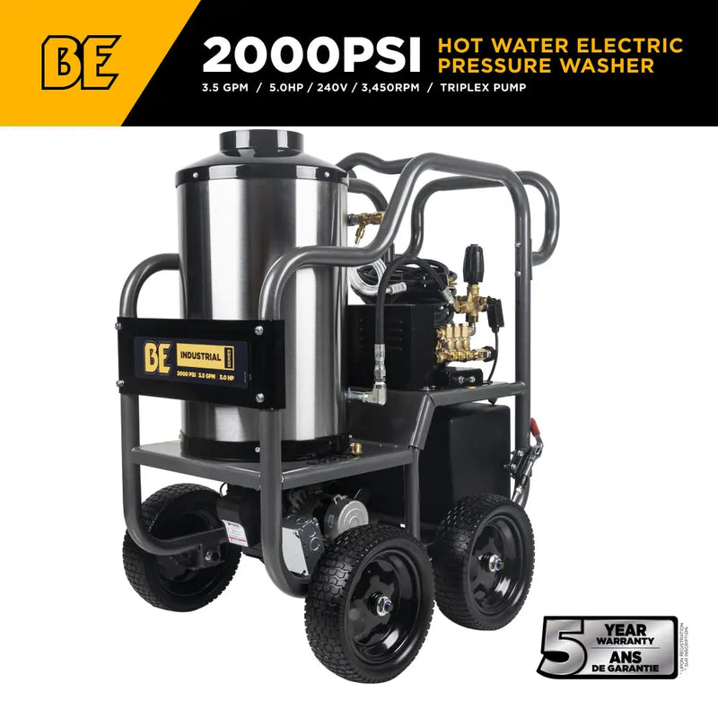 2,000 PSI - 3.5 GPM Hot Water Electric Pressure Washer with Triplex Pump - HW205EBA BE Power Equipment