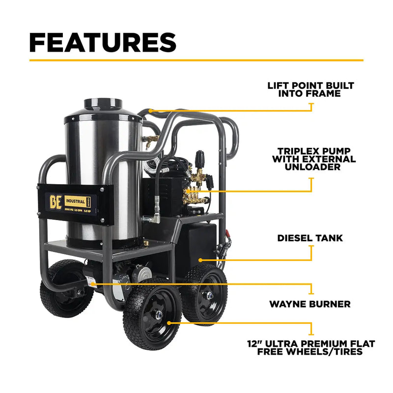 2,000 PSI - 3.5 GPM Hot Water Electric Pressure Washer with Triplex Pump - HW205EBA BE Power Equipment