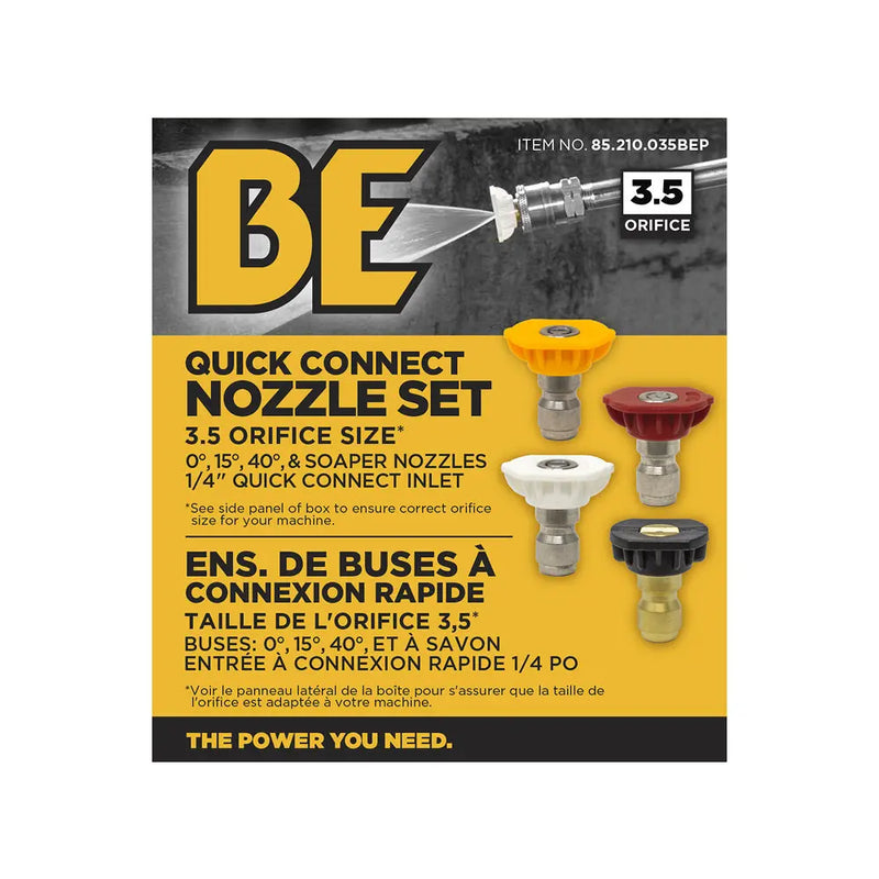 3.5 Quick Connect Pressure Washer Nozzle Set with 0°, 15°, 40°, and Soaper Nozzles BE Power Equipment