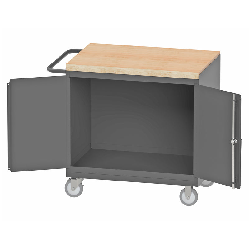 Durham Mobile Bench Cabinet With 5" X 1-1/4" Polyurethane Casters, (2) Rigid And (2) Swivel, 2 Doors, Gray