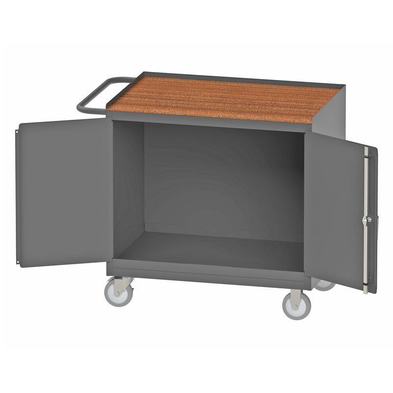 Durham Mobile Bench Cabinet With 5" X 1-1/4" Polyurethane Casters, (2) Rigid And (2) Swivel, 2 Doors, Gray