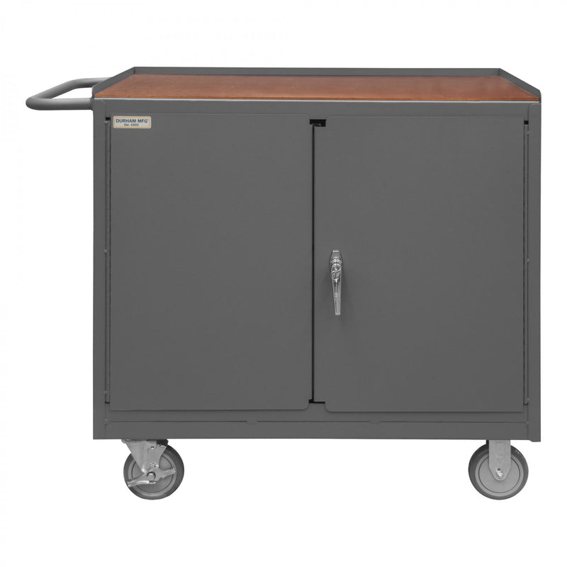 Durham Mobile Bench Cabinet With 5" X 1-1/4" Polyurethane Casters, (2) Rigid And (2) Swivel, 2 Doors, Gray