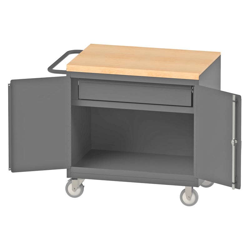 Durham Mobile Bench Cabinet With 5" X 1-1/4" Polyurethane Casters, (2) Rigid And (2) Swivel, 1 Shelf, Gray