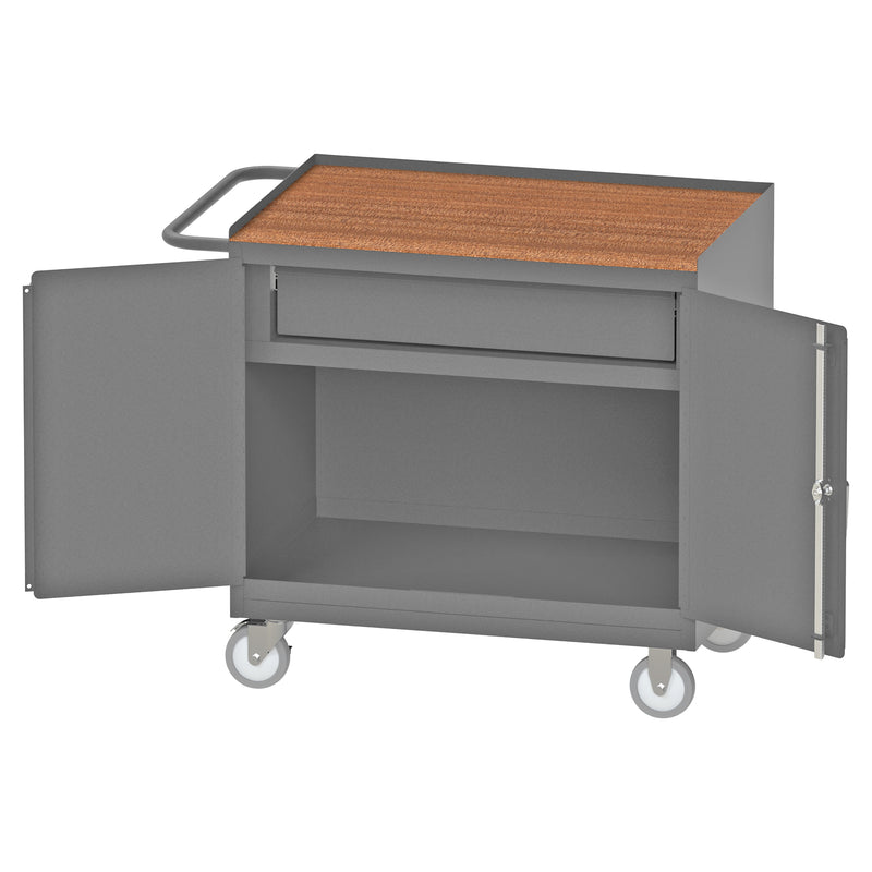 Durham Mobile Bench Cabinet With 5" X 1-1/4" Polyurethane Casters, (2) Rigid And (2) Swivel, 1 Shelf, Gray