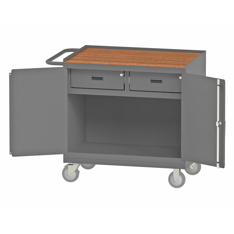 Durham Mobile Bench Cabinet With 5" X 1-1/4" Polyurethane Casters, (2) Rigid And (2) Swivel, 1 Shelf, Gray