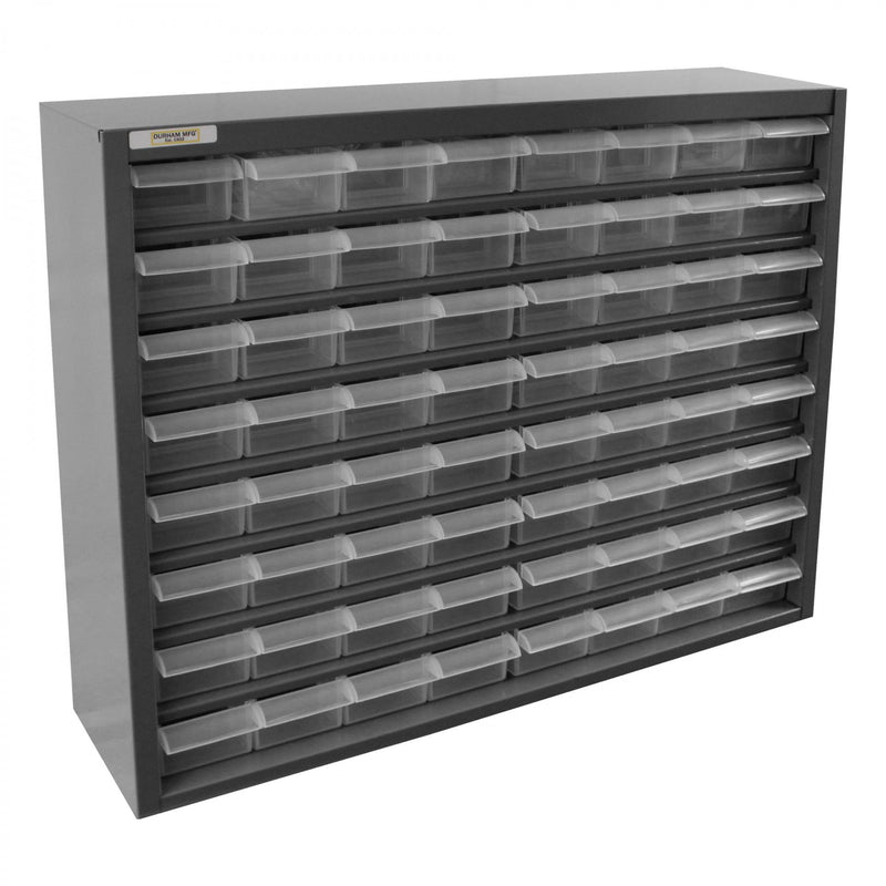 Durham Plastic Drawer Cabinet with back wall mounting holes, 64 Drawers, Gray