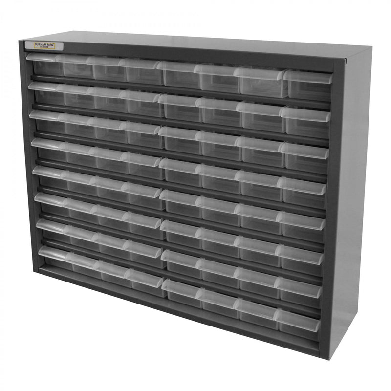 Durham Plastic Drawer Cabinet with back wall mounting holes, 64 Drawers, Gray