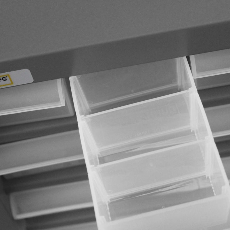 Durham Plastic Drawer Cabinet with back wall mounting holes, 64 Drawers, Gray