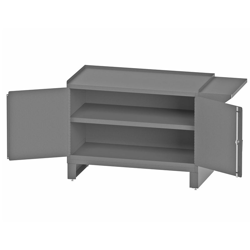 Durham Stationary Workstation With 2 Fixed Shelves And Vice Support Shelf On Side