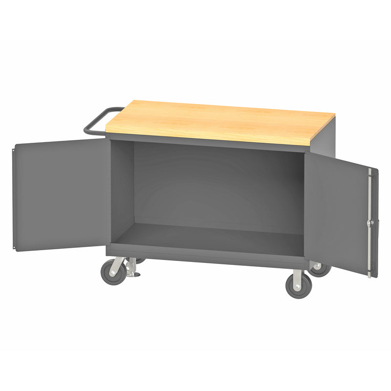 Durham Mobile Bench Cabinet With 6" X 2" Polyurethane Casters, (2) Rigid And (2) Swivel, 2 Doors