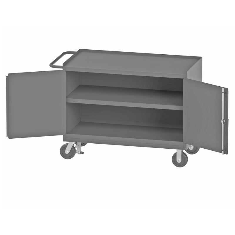 Durham Mobile Bench Cabinet With 6" X 2" Phenolic Casters, (2) Rigid And (2) Swivel, 2 Shelves