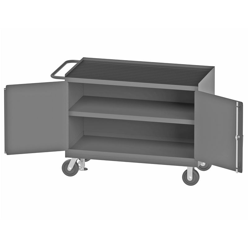Durham Mobile Bench Cabinet With 6" X 2" Phenolic Casters, (2) Rigid And (2) Swivel, 2 Shelves