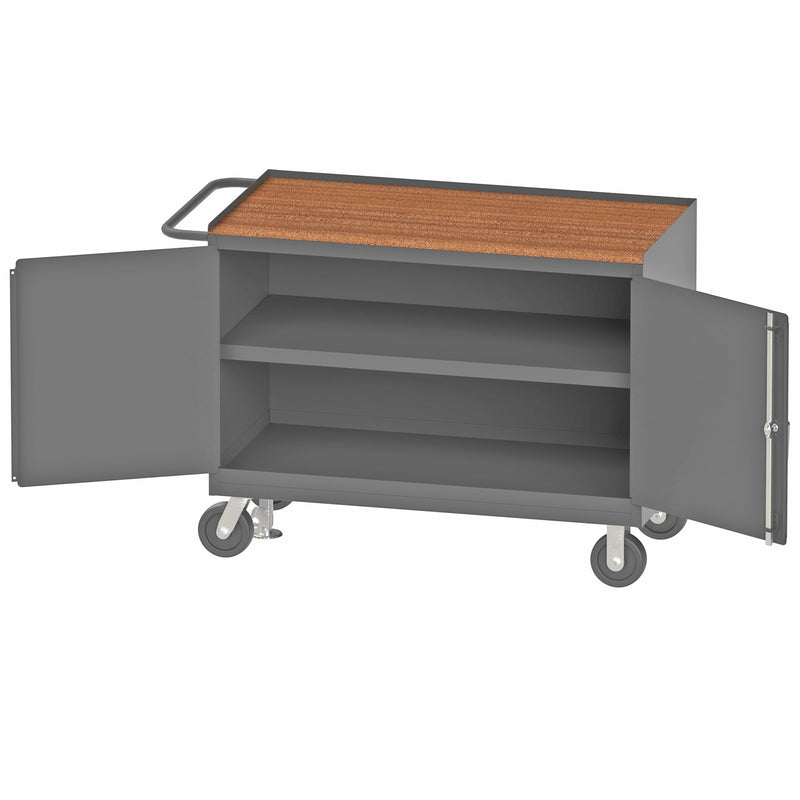 Durham Mobile Bench Cabinet With 6" X 2" Phenolic Casters, (2) Rigid And (2) Swivel, 2 Shelves