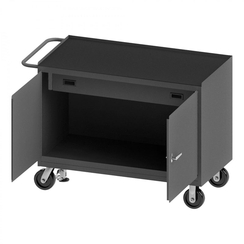 Durham Mobile Bench Cabinet With 6" X 2" Phenolic Casters, (2) Rigid And (2) Swivel, 1 Shelf