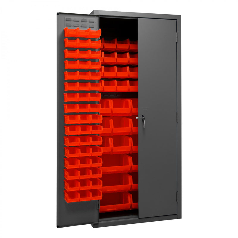 Durham Heavy Duty Cabinet, 14 Gauge, 36 x 24 x 84, 138 Red Bins, Flush Doors with Louvered Panel