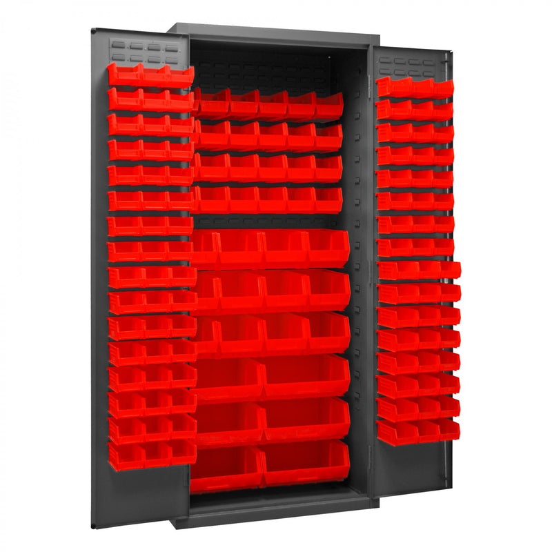 Durham Heavy Duty Cabinet, 14 Gauge, 36 x 24 x 84, 138 Red Bins, Flush Doors with Louvered Panel