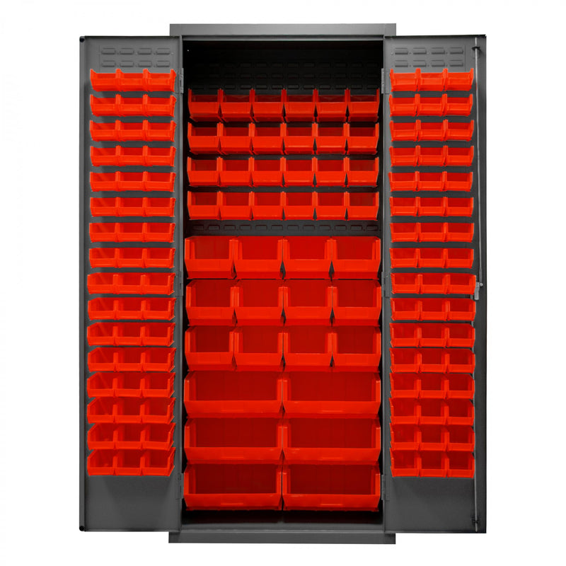 Durham Heavy Duty Cabinet, 14 Gauge, 36 x 24 x 84, 138 Red Bins, Flush Doors with Louvered Panel